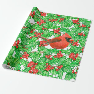 Cardinal and holly berry watercolor pattern wrapping paper