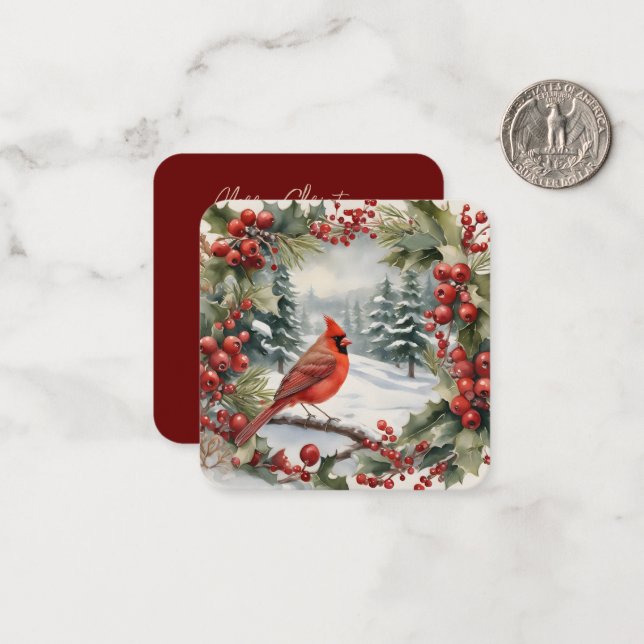 Cardinal and Holly Holiday Mini Christmas Card (Front/Back In Situ)