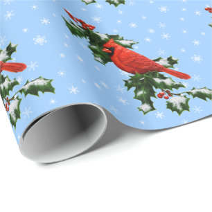 Cardinal and Holly Snowflakes Wrapping Paper