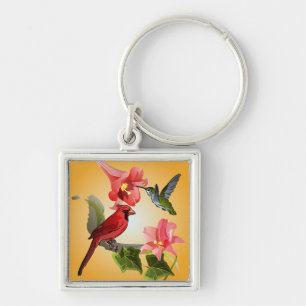 Cardinal and Hummingbird with Pink Lilies and Ivy Key Ring