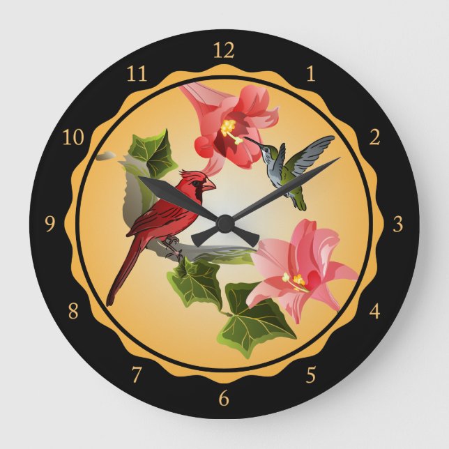Cardinal and Hummingbird with Pink Lilies and Ivy Large Clock (Front)