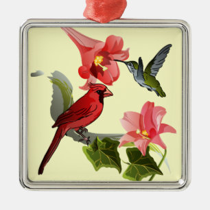 Cardinal and Hummingbird with Pink Lilies and Ivy Metal Ornament