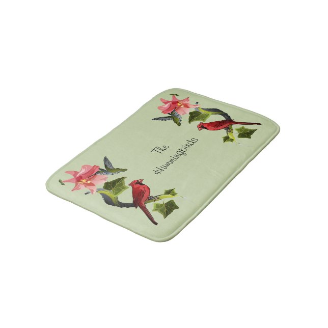 Cardinal and Hummingbird with Pink Lily and Ivy Bath Mat (Angled)