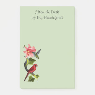 Cardinal and Hummingbird with Pink Lily and Ivy Post-it Notes