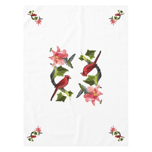 Cardinal and Hummingbird with Pink Lily and Ivy Tablecloth (Front)
