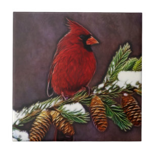 Cardinal and Pinecones Ceramic Tile