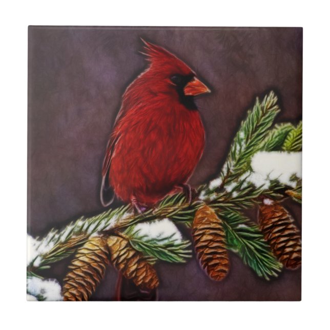 Cardinal and Pinecones Ceramic Tile (Front)
