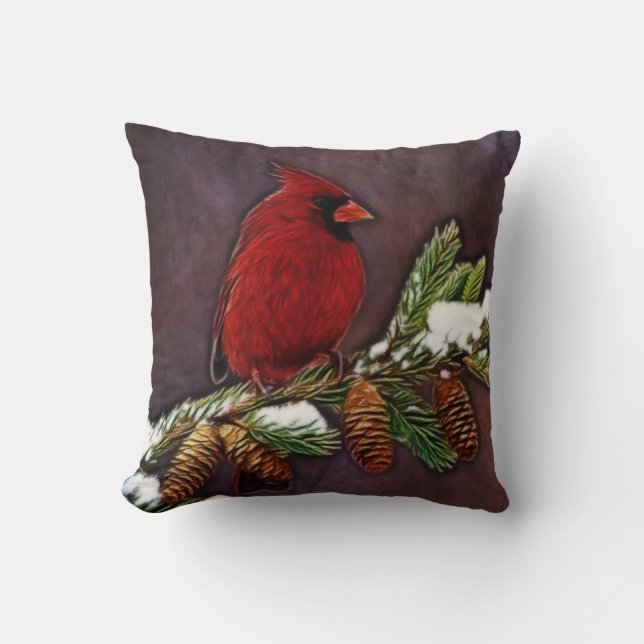 Cardinal and Pinecones Cushion (Front)