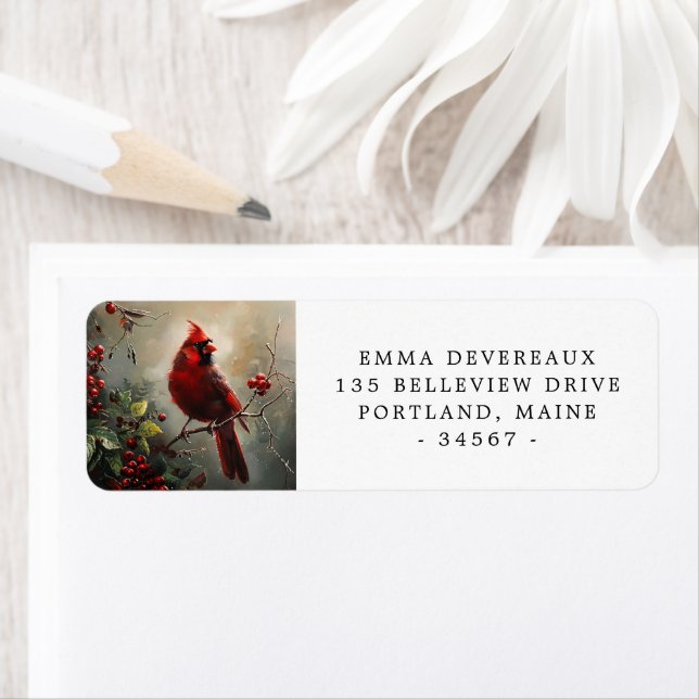 Cardinal and Red Berries Oil Painting Return Address Label (Insitu)