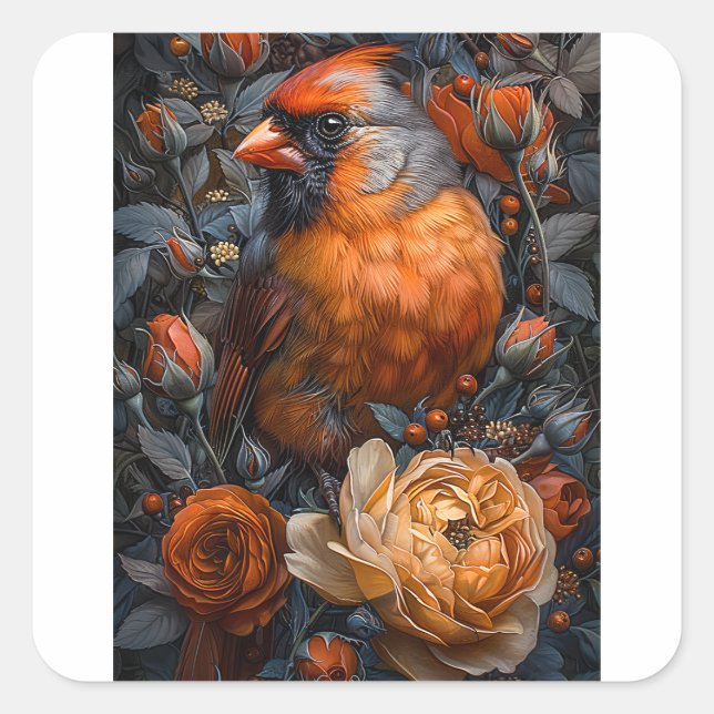 Cardinal and Roses Square Sticker (Front)