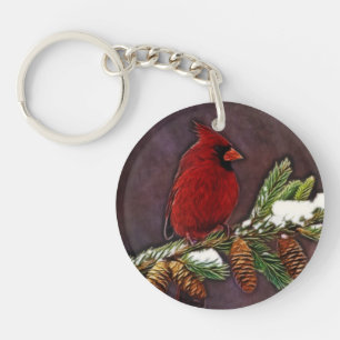 Cardinal and Snowy Pinecones Key Ring
