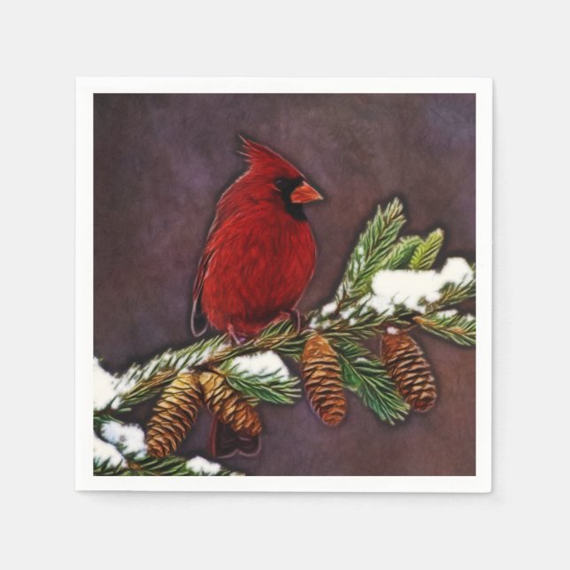 Cardinal and Snowy Pinecones Napkin (Front)