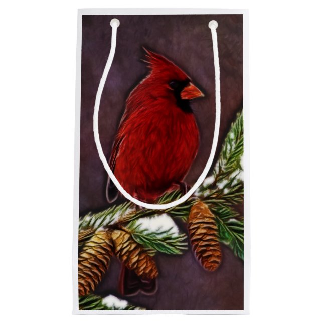 Cardinal and Snowy Pinecones Small Gift Bag (Front)