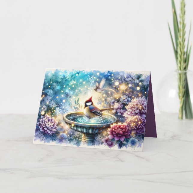Cardinal at Birdbath Dreamy Garden Ar Card (Front)