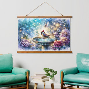 Cardinal at Birdbath Dreamy Garden Ar Hanging Tapestry