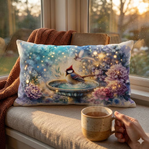 Cardinal at Birdbath Dreamy Garden Ar Lumbar Cushion
