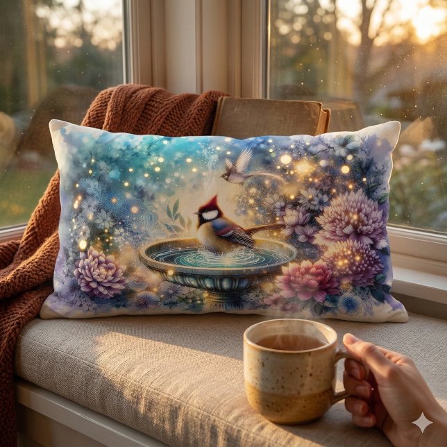 Cardinal at Birdbath Dreamy Garden Ar Lumbar Cushion (Cardinal at Birdbath Dreamy Garden Ar Lumbar Pillow Mockup D)