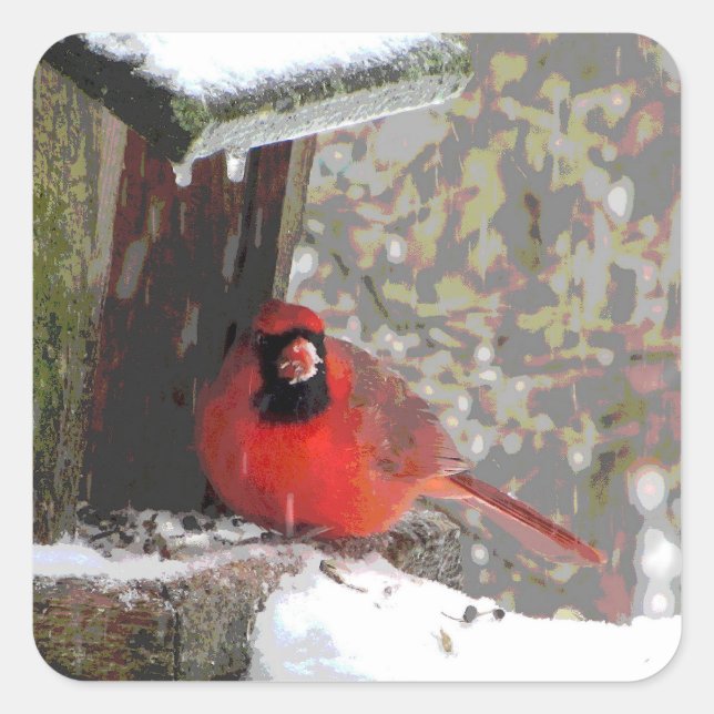 Cardinal at the Feeder Square Sticker (Front)