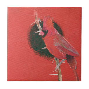 Cardinal bird animal illustration drawing red blac ceramic tile