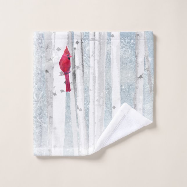 Cardinal Bird beautiful snowy Birch Tree Forest Wash Cloth (Wash Cloth)