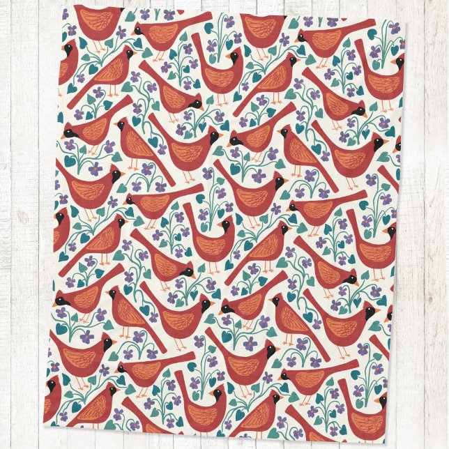 Cardinal Bird Blue Violet Flower Block Print Fleece Blanket (Cardinal bird blue wood violet flower arts and crafts style block print fleece blanket)