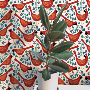 Cardinal Bird Blue Violet Flower Block Print Wallpaper