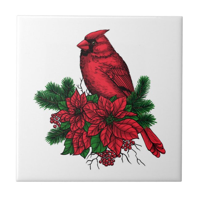 Cardinal bird, Christmas illustration Ceramic Tile (Front)