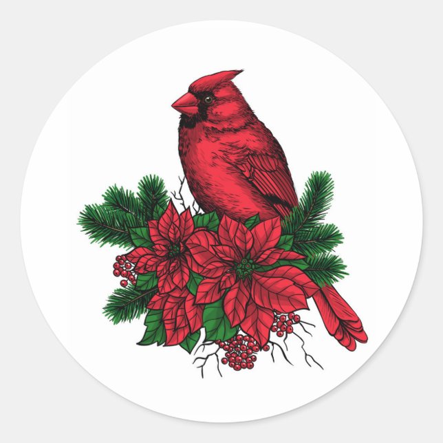 Cardinal bird, Christmas illustration Classic Round Sticker (Front)
