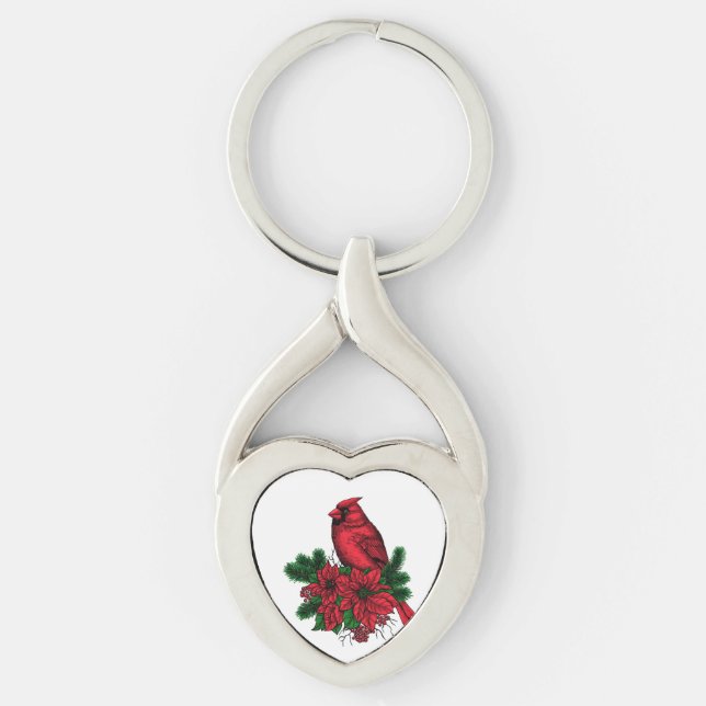 Cardinal bird, Christmas illustration Key Ring (Front)