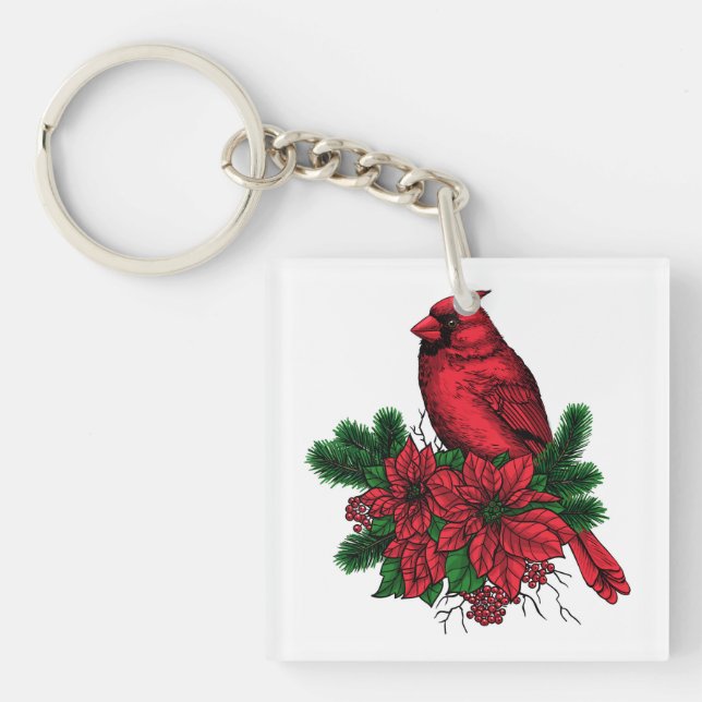 Cardinal bird, Christmas illustration Key Ring (Front)