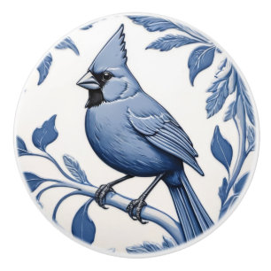 Cardinal Bird Delft Blue and White Botanical Ceramic Knob