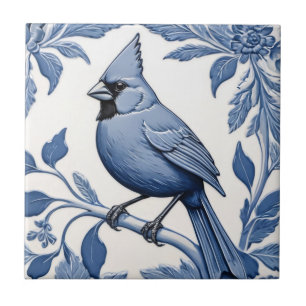 Cardinal Bird Delft Blue and White Botanical Ceramic Tile