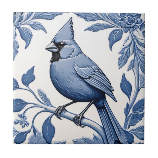 Cardinal Bird Delft Blue and White Botanical Ceramic Tile (Front)