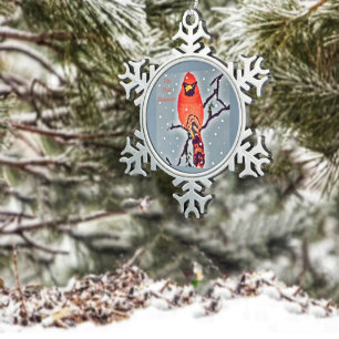 Cardinal Bird In Snowfall Snowflake Pewter Christmas Ornament