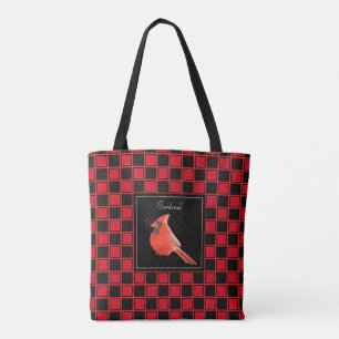 Cardinal bird on black red chequered pattern tote bag