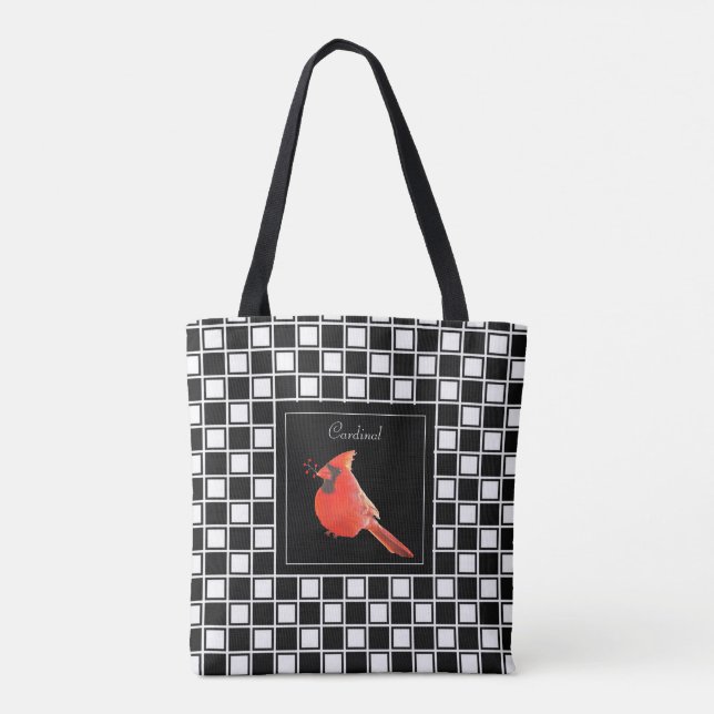 Cardinal bird on black white chequered pattern tote bag (Back)