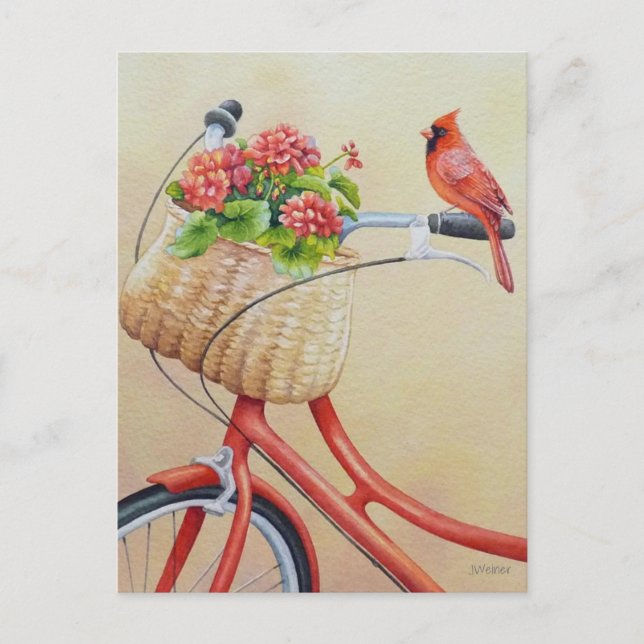 Cardinal Bird Perched on Bicycle Watercolor Art Postcard (Front)