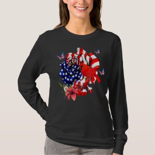 Cardinal Bird Proud And Rose American Flag 4th Of T-Shirt
