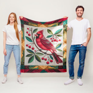 Cardinal Bird Quilt, Fleece Blanket – Vibrant Red