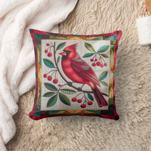 Cardinal Bird Quilt, Throw Pillow Vibrant Red Card