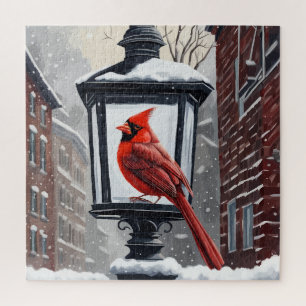 Cardinal Bird Sat On A Snow Covered Street Lantern Jigsaw Puzzle