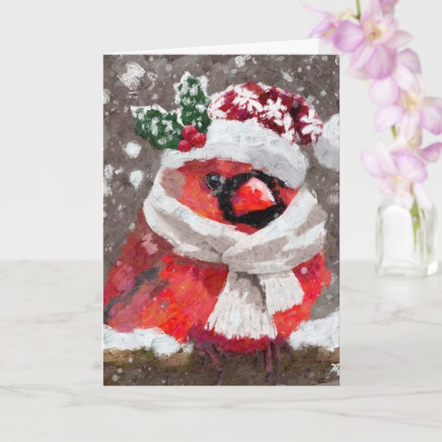 Cardinal Bird Scarf & Hat in Snow Christmas Card (Orchid)