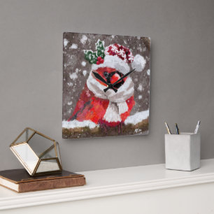 Cardinal Bird Scarf & Hat in Snow Christmas Square Wall Clock