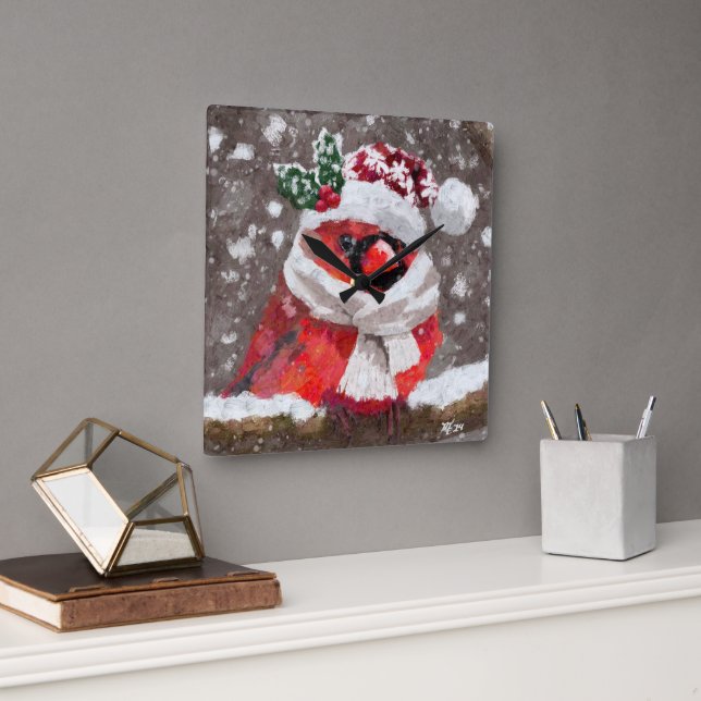 Cardinal Bird Scarf & Hat in Snow Christmas Square Wall Clock (Office)