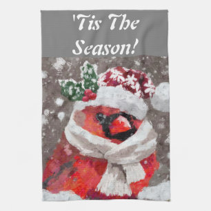 Cardinal Bird Scarf & Hat in Snow Christmas Tea Towel