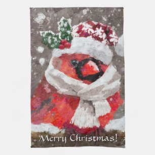Cardinal Bird Scarf & Hat in Snow Christmas Tea Towel