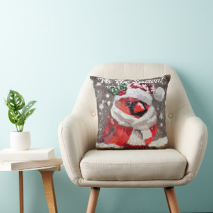 Cardinal Bird Scarf Hat Snow Christmas Seasonal Cushion