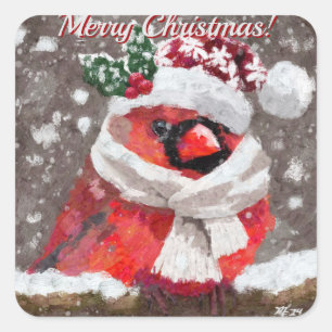 Cardinal Bird Scarf Hat Snow Holiday Square Sticker