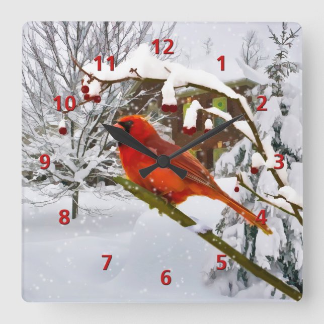 Cardinal Bird, Snow, Winter Square Wall Clock (Front)