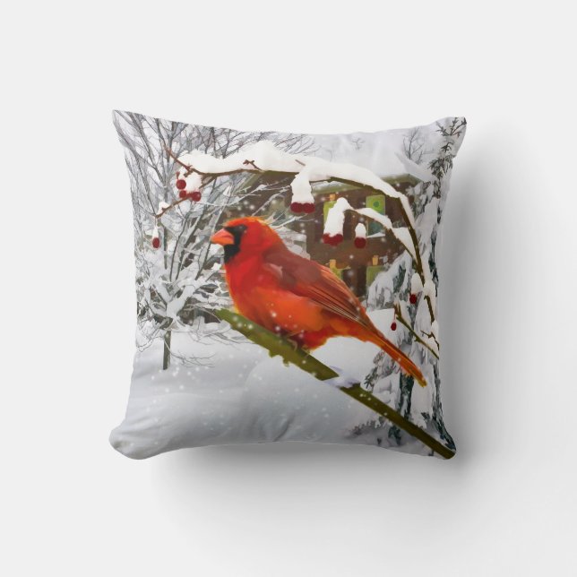 Cardinal Bird, Snow, Winter, Throw Pillow (Front)